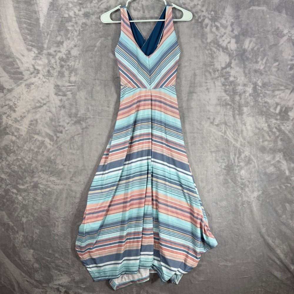 Prana Quinn Maxi Dress Size S Small Blue Pink Striped V-Neck Twisted Racerback